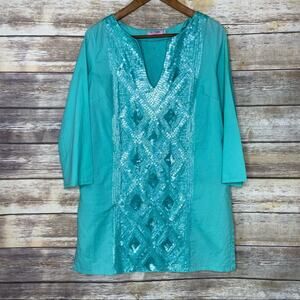 Calypso St. Barth S teal sequin tunic beachy babe swimsuit coverup